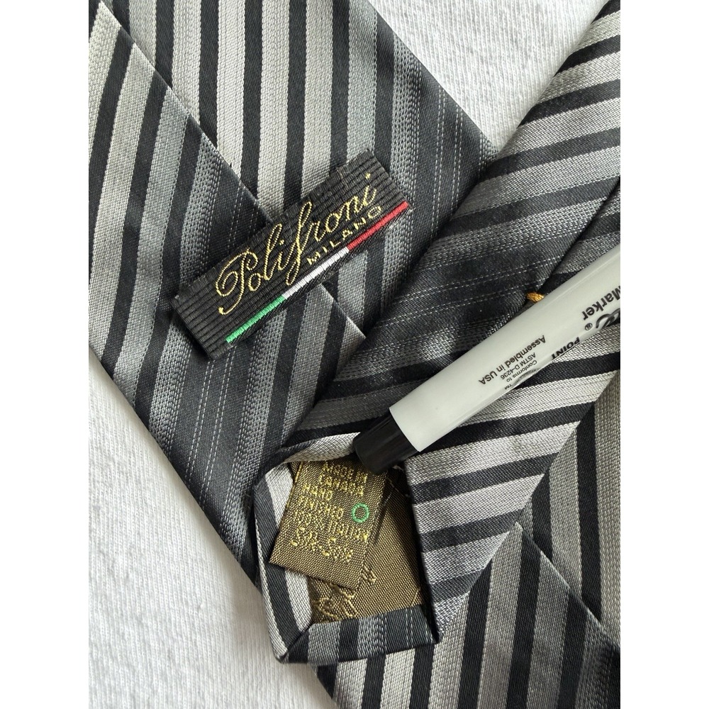 Polifroni Milano	Black Silver Striped Smooth 100% Italian Silk Tie Wide 4"